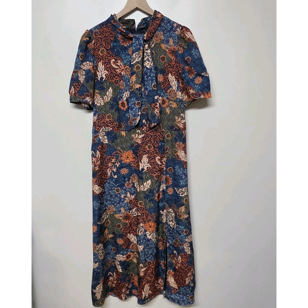 Julia Jordan Women's Navy‎ Fall Floral Puff Sleeve Midi Dress Tie Neck Sz 14 - Picture 3 of 14